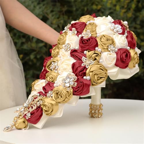 Handmade Satin Rose Water Drop Bridal Bouquet,8.7inch Crystal Wedding Round Tossing Bouquet,Jewelry Proposal Bridesmaid Bouquet Groom Corsage Bride Wrist Flower Ivory (07#Ivory WineRed Gold) - color: 07#ivory Winered Gold
