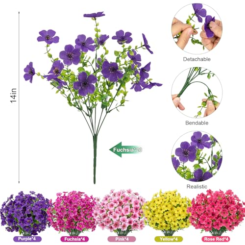 20 Bundles Artificial Flowers for Outdoors, Fake Violet Flowers Silk Realistic UV Resistant Faux Artificial Plants Outdoors for Window Box Garden Patio Front Porch Home Indoor Outside Decorations - color: Purple Fuchsia Pink Yellow Rose Red