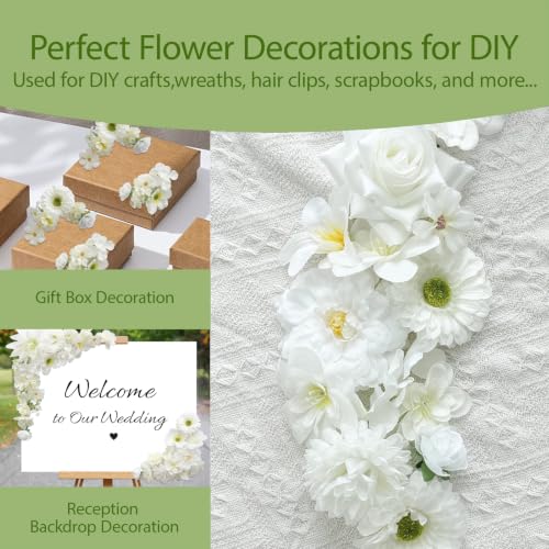 Artificial Flowers Heads White Silk Faux Flower Heads Fake Roses Peonies Orchid Lily Flowers Bulk for DIY Craft Cake Wedding Party Bridal Baby Shower Graduation Cap Table Home Decoration - color: White