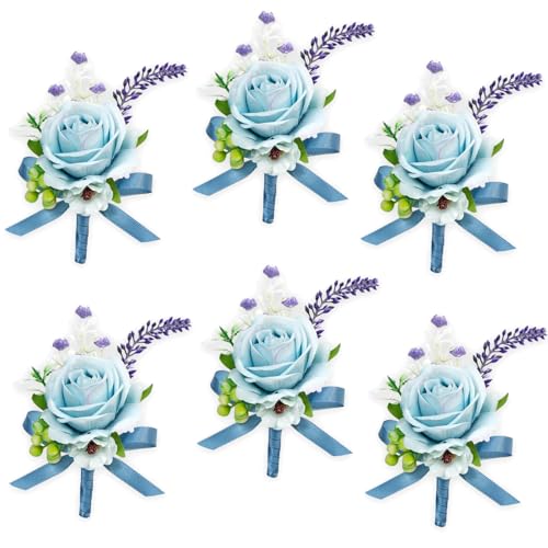 AuroraAria Light Blue Boutonniere for Men,Set of 6,Groom Boutonniere for Wedding,Anniversary,Homecoming,Formal Dinner Party,Wedding Decor,Artificial Light Blue Rose - color: Light Blue