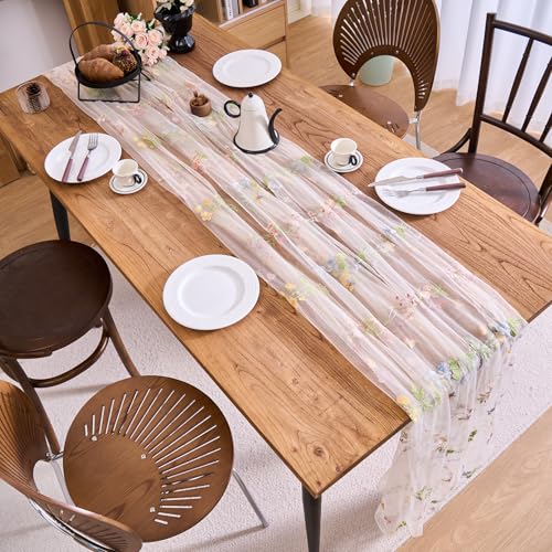 vctops 2 Packs Embroidery Lace Fall Table Runner 10ft Floral Garden Seasonal Tulle Table Runner Holiday Kitchen Dining Table Decoration for Wedding Party Baby Shower Birthday (Beige,30"x120") - color: Beige