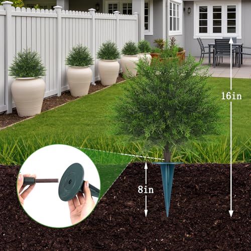 Yangrass 23" Artificial Cedar Topiary Ball Trees with Spike, Set of 2 UV Resistant Fake Evergreen Bushes Shrubs Trees, Realistic Faux Cypress Plants for Outdoor Indoor - color: Fine Cedar