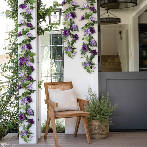 JUSTOYOU Artificial Vines Purple Flower Garland Morning Glory Vine for Outdoor Hanging Floral Vines Fake Plant for Home Decor Wall Fence Stairway Indoor Outdoor Wedding Hanging Baskets(2 Pcs) - color: Morning Glory Flowers-purple