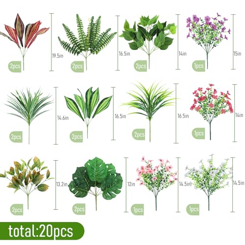 20 Pcs Artificial Flowers Plants for Outdoor Plastic Fake Greenery Plants UV Resistant Faux Bushes Fern Stems for Home Patio Garden Porch Window Box Indoor Outside Spring Summer Decor - color: Purple Pink White, size: 20