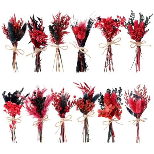10/12/24/36 Pack Mini Dried Flowers for Vase Summer Halloween Wedding Various Mini Bouquet Dried Small Wildflowers Natural Flowers Bulk for Crafts DIY Decor (12, Gothic Color) - size: Gothic Color