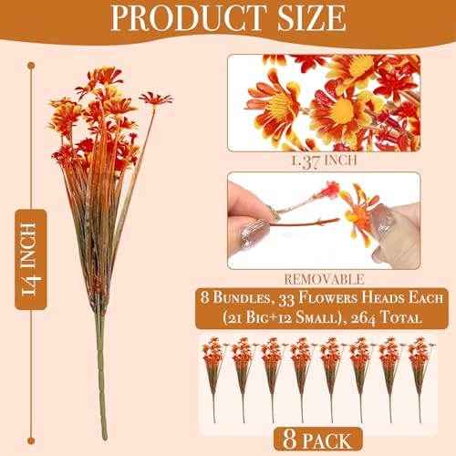 8 Bundles Artificial Daisy Fall Flowers for Outdoor UV Resistant Fall Decor | Faux Orange Flowers Plastic Greenery Shrub Fake Mums Flowers Plants for Home Garden Porch Patio Summer Fall Decorations - color: Orange, size: 8 Bundles