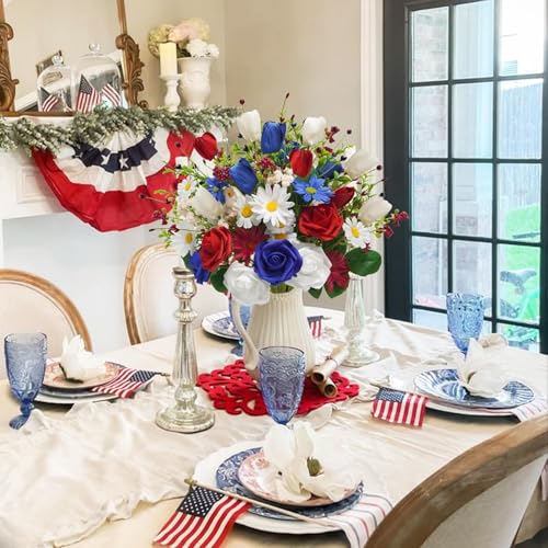8PCS Patriotic Artificial Flowers Mixed Bush Red White Blue Rose Tulip Flowers Memorial Day Flower Bouquet for 4th of July Independence Day Grave Home Table Decoration