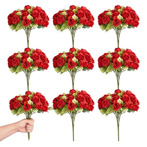 8 Pcs Wedding Bouquets Bulk 12 Inch Fake Silk Roses Flowers Bunches Red Artificial Rose Bouquet for Bride Bridesmaid Parties Garden Home Office