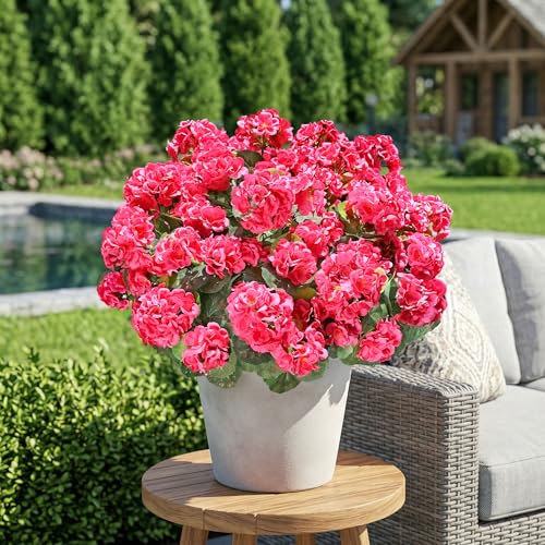 Fake Geraniums Artificial Flowers for Outdoors Outside, 6 Bundles Silk Geraniums Fake Flowers Plants Realistic UV Resistant Faux Flowers for Outdoor Planters Garden Balcony Yard Porch Indoor, Hot Pink - color: Hot Pink