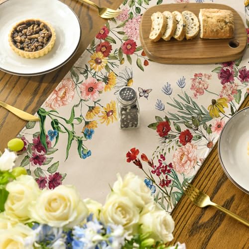 Artoid Mode Plants Floral Butterfly Valentine's Day Table Runner, Anniversary Wedding Kitchen Dining Table Decoration for Home Party Decor 13x72 Inch - size: 13" x 72", Table Runner