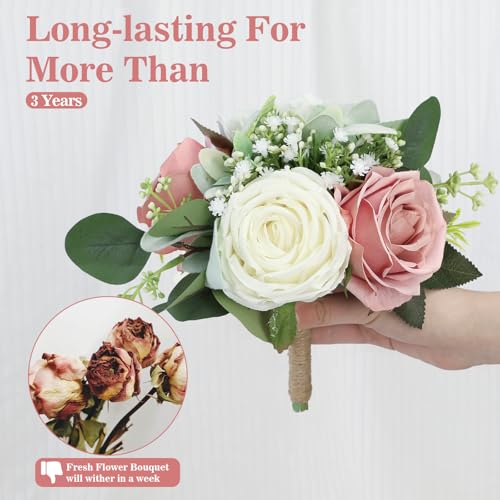 Artificial Bridesmaid Bouquets 6Pcs -7 Inch Bridesmaid Bouquets Pink Fake Floral Silk Rose Handmade for Wedding Holding Flowers, Bridal Shower,Engagement Wedding Ceremony Anniversary - Dusty Pink - color: Dusty Pink, size: 6pcs Bouquets