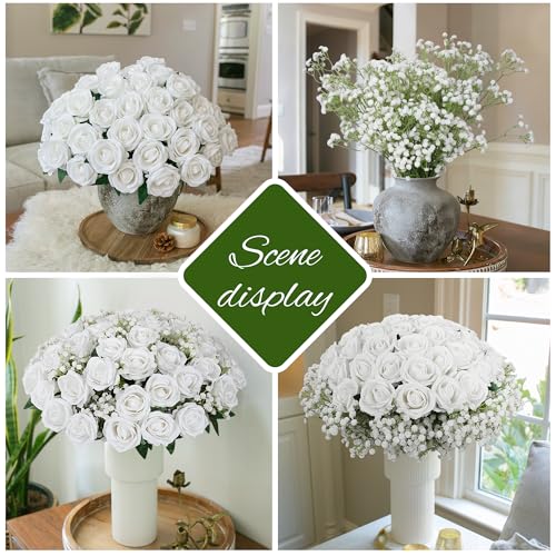HyeFlora 35 PCS Artificial White Roses with 15 PCS Fake Baby Breath Realistic Fake Flowers Bouquet with Stem for DIY Wedding Party Home Decoration Vase Tables Centerpieces Arrangements Gift for Her - color: 35 Pcs White Roses With 15 Pcs Baby Breath
