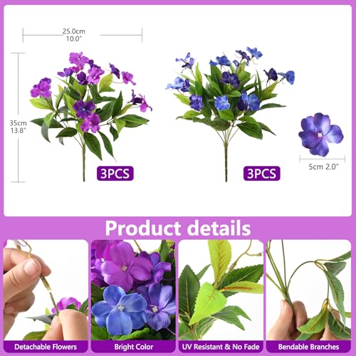 Hommyea Artificial Fake Flowers for Outdoor, 6 Bundles UV Resistant Faux Plants Decoration Silk Flowers No Fade Plastic Flowers for Outside Planters Home Porch Patio Yard Garden Decor - color: Double Purple,dark&light Blue