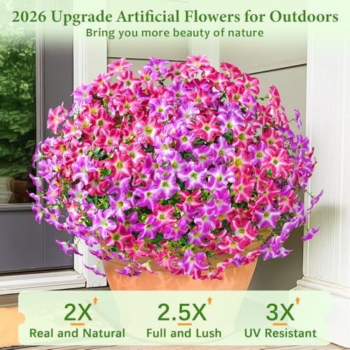 MARTINE MALL 12 Bundles Look Real Artificial Flowers for Outdoors, Realistic Fake Outdoor Flowers, UV Resistant Silk Petunia Flowers for Outside Faux Flowers for Outdoor Garden, Fuchsia & Rose Red - color: Mixed Fuchsia & Rose Red, size: 12 Bundles