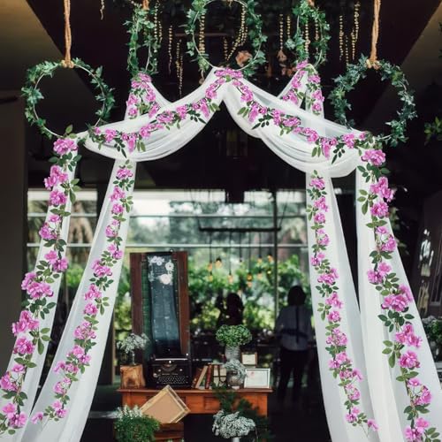2 Pcs Artificial Flowers Garland for Outdoors Purple Faux Gardenia Garland 12Ft Silk Rose Hanging Vines Floral for Wedding Arch Party Wall Garden Ceremony Backdrop Fence Spring Decor - color: Purple