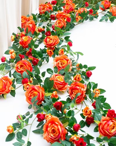 2 PCS 12FT Bendable Flower Garland, Artificial Rose Vine Hanging Floral Garland Decoration for Weding Home Room Wall Decor (Orange, 2pcs) - color: Orange, size: 2pcs