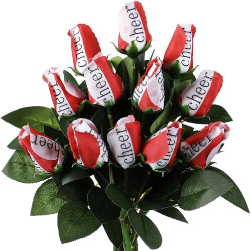 Suhine 12 Pcs Red Cheer Gifts Cheerleader Cheerleading Artificial Rose Flowers Gifts Bulk for Women Cheer Team Sport Game Day Birthday Graduation Party Decorations Favors (Red White, Normal) - color: Red White, size: Normal