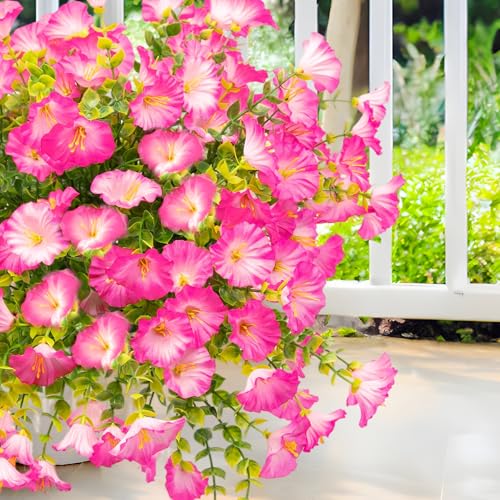 Artificial Flowers Fake Plants for Outdoor Indoor Decoration,16 Bundles UV Resistant Faux Plastic Flowers,Realistic Pink Morning Glory for Planter Porch Patio Home Table Wedding (Pink) - color: Pink