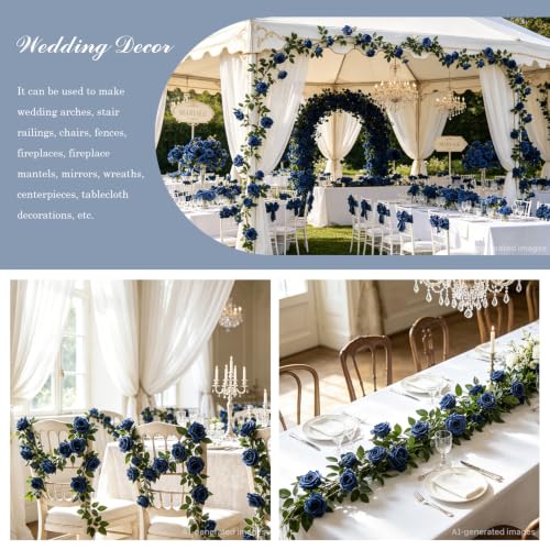 Dallisten 2 Strands 73'' Artificial Silk Rose Flower Vines Garland, Fake Roses Floral Green Leaves Hanging Plant for Wedding Arrangement Decoration, Wall, Party, Bedroom, Home Decor (Blue) - color: Blue