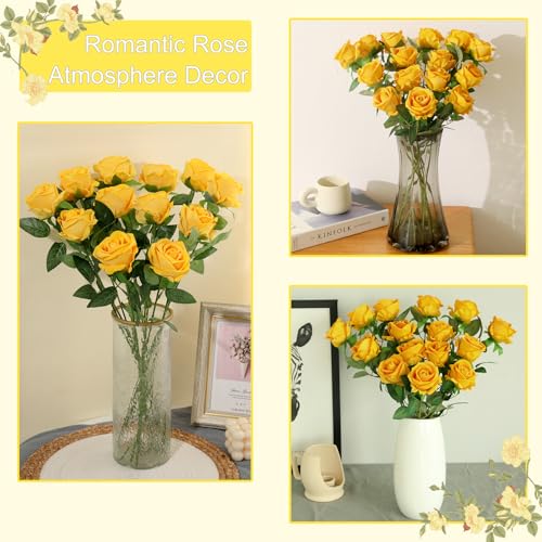 12Pcs Yellow Roses Artificial Flowers Fake Roses Faux Velvet Silk Flower for Home Wedding Decoration (Pearl Rose, Yellow) - color: Pearl Roses - Yellow 12p