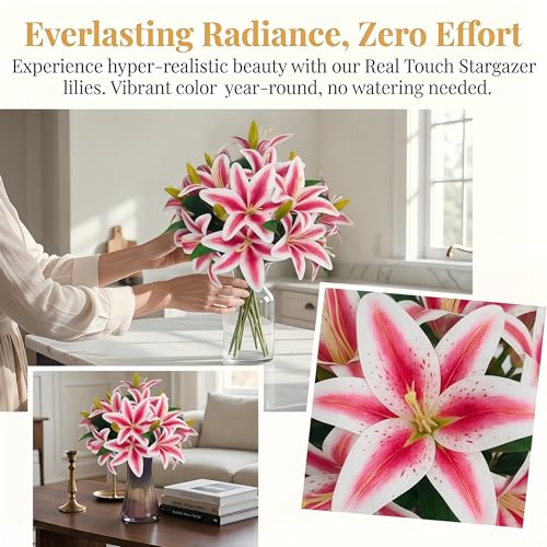 ATFL Artificial Lilies Flowers,9 Pcs Faux Lily Flowers,16''Tiger Lily Branches with 2 Full Blooms and 1 Bud,Faux Fake Lilies Plants for Wedding Bouquet Floral Arrangements (9, Pink) - color: Pink