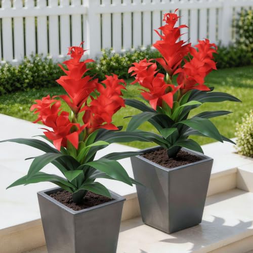 Ivydale Artificial Flowers for Outdoors, 2 Pcs 20.47" 3-Head Bromeliad Fake Plants UV Resistant Artificial Plants Outdoor Tropical Flowers for Planters Outside Porch Patio Yard Garden Indoor Decor - color: 3-head-red