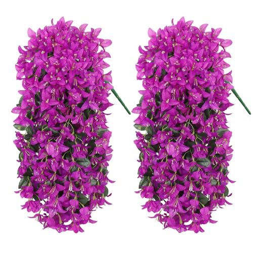 2PCS Faux Bougainvillea UV Resistant Artificial Flowers Plants for Outdoors Faux Hanging Bougainvillea Flowers Outside Decoration Fake Silk Long Trailing Vines for Front Door Porch Patio (Purple) - color: Purple