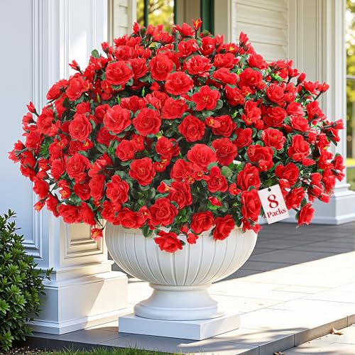 Alupssuc 8 Large Bundles Artificial Flowers for Outdoors Spring Decoration, UV Resistant Faux Flowers Silk Camellia Realistic Fake Flowers for Yard Patio Planter Porch Balcony Garden, Red - color: Red