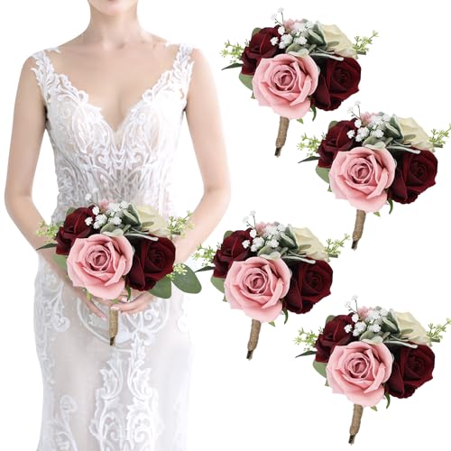 Set of 4 Artificial Bridesmaid Bouquets Blush & Burgundy -7 Inch Silk Rose Wedding Flower Bouquets for Bridesmaid Holding Flowers , Bridal Shower, Wedding Centerpiece Ceremony and Anniversary - color: Blush & Burgundy, size: 4pcs Bouquets