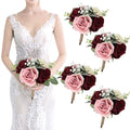 Set of 4 Artificial Bridesmaid Bouquets Blush & Burgundy -7 Inch Silk Rose Wedding Flower Bouquets for Bridesmaid Holding Flowers , Bridal Shower, Wedding Centerpiece Ceremony and Anniversary - color: Blush & Burgundy, size: 4pcs Bouquets