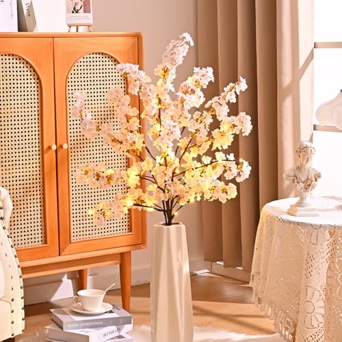 Sunm Boutique 3 PCS Silk Cherry Blossom Branches, Lighted Brown Twig Branches, Artificial White Cherry Blossom Flower, Cherry Blossom Stems Decor Faux Cherry Blossom Tree for Wedding Home Decor, 39' - color: White Cherry Blossom With Tree Led Light, size: