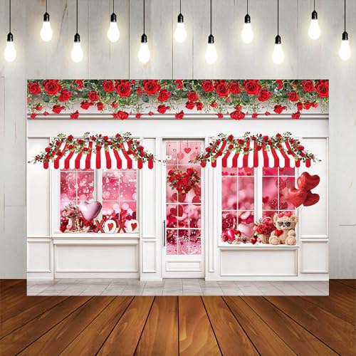 Valentines Photography Backdrop 7x5ft Valentines Shop Red Rose White Wall Photo Background Flowers Shop Wedding Bridal Shower Banner Photo Booth Props
