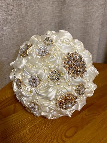 Handmade Satin Rose Water Drop Bridal Bouquet 8.7inch Crystal Wedding Round Tossing Bouquet Jewelry Proposal Bridesmaid Bouquet Groom Corsage Bride Wrist Flower Ivory (Ivory) - color: Ivory