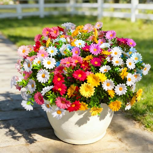 24Pcs Artificial Flowers for Outdoors UV Resistant，Colorful Daisy Fake Flowers Bouquet Weatheroof Faux Flowers for Outdoor Planter Real Touch Silk Flowers for Front Door Garden Proch Patio - color: Mixed, size: 24Pcs