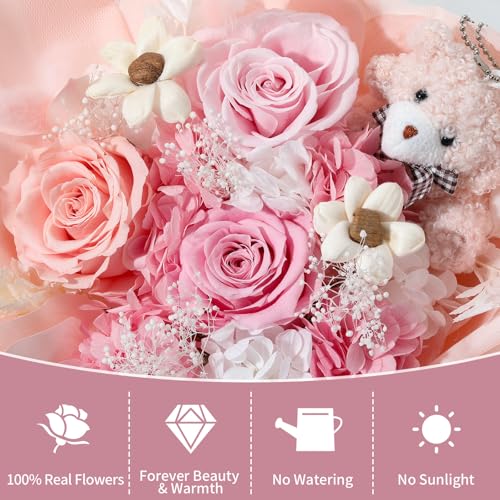 Lewondr Preserved Flowers Bouquet with Bear, 3 Real Forever Flowers for Delivery, Long-Lasting Pink Eteranl Roses Bouquet, Anniversary Birthday Gifts for Girlfriend Best Friend Women Mom Her Wife - color: Dusty Pink