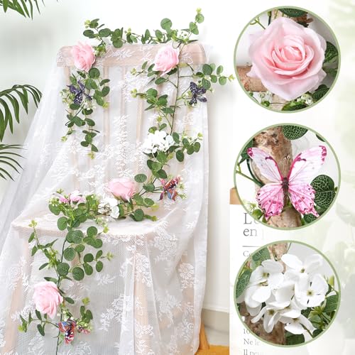 TOCHGREEN 2 Pack 5.9 Ft Artificial Fake Flower Garland Pink Rose Hydrangea Vines with 3D Butterfly Artificial Hanging Floral Greenery Eucalyptus Garland for Wedding Table Party Background Arch Decor - color: Pink