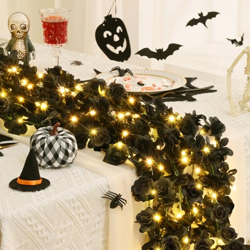 BLEUM CADE 5Pcs 41Ft Flower Garland Artificial Rose Vines with 32.8Ft String Lights, Cute Fake Hanging Flower Vines Floral Garland Decorations for Halloween Wedding Party Room Decor Aesthetic - color: Black With Lights, size: 5 Pcs