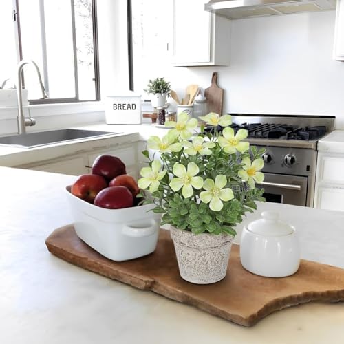 GnFlus Artificial Flower in Rustic Pot Yellow Fake Cherry Blossom with Leaves Potted Plant Farmhouse Spring Decor for Home Living Room Shelf Decor Enterway Table Decoration 2 Pack - color: Yellow
