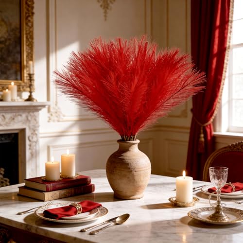 50pcs Red Pampas Grass 21.6 Inch Non-Shedding Faux Pampas for Bold Passionate Home, Vibrant Boho Weddings and Rich Tone Vase Arrangements - color: Red