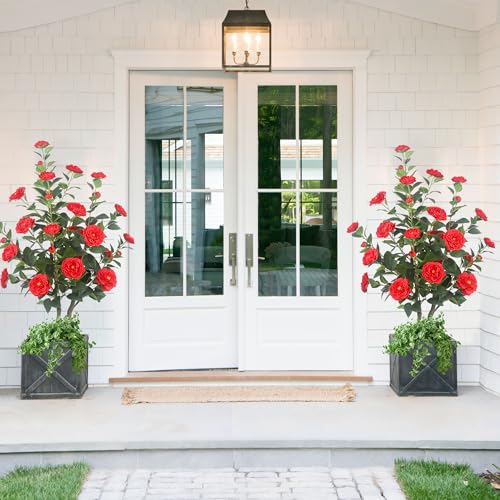 2Pack 39.37"/3.28FT Artificial Camellia Trees with 32 Flowers in Cement Pots – Lifelike Fake Trees for Front Porch, Home, Indoor Outdoor Spring Decor, Office or Housewarming Gifts (Red) - color: Red, size: 3ft 3inx2
