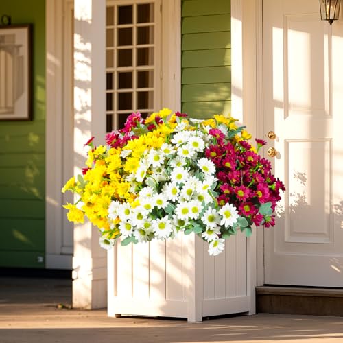 12 Bundles Artificial Daisies Flowers Outdoor Fake Plants Fake Foliage Greenery Faux Plants for Graves Hanging Outside Planter Window Box Wedding Decoration - color: White ,Yellow , Rose Red