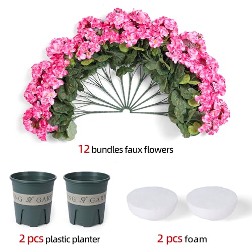 Geraniums Artificial Flowers for Outdoors, 2 Pack Potted Plants Faux Geraniums Bush Artificial Topiaries Realistic UV Resistant Fake Flowers Greenery for Outside Gardens Porch Patio Yard Indoor, Mix - color: 6 Pink, 6 Hot Pink