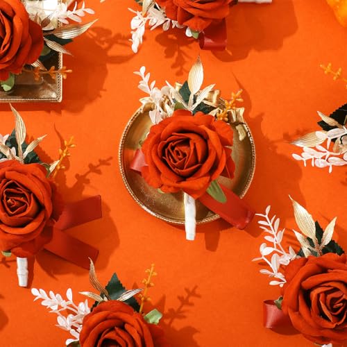 Sherr 12 Pcs Rose Boutonniere for Men Wedding Corsage Rose Groom and Groomsmen Boutonniere with Artificial Flower for Rustic Vintage Wedding Ceremony Anniversary Dinner Prom Party (Caramel Orange) - color: Caramel Orange