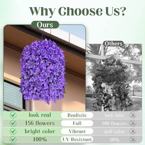 4 Pcs UV Resistant Artificial Flowers for Outdoors, Realistic Faux Silk Bougainvillea Flowers, Fake Hanging Plants for Porch Patio Balcony Decoration (Dark Purple) - color: Dark Purple, size: 4 Pcs