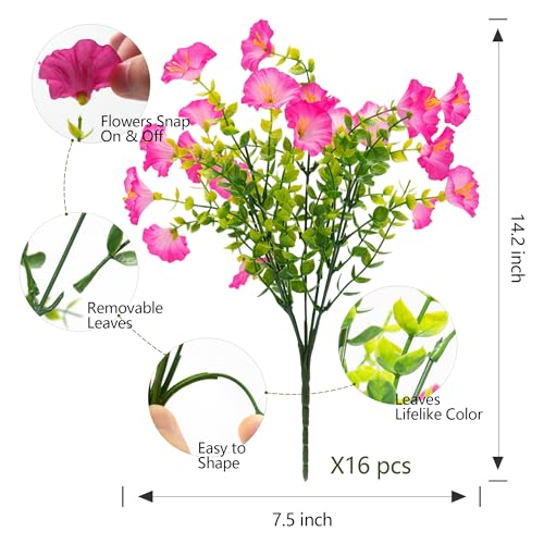 Artificial Flowers Fake Plants for Outdoor Indoor Decoration,16 Bundles UV Resistant Faux Plastic Flowers,Realistic Pink Morning Glory for Planter Porch Patio Home Table Wedding (Pink) - color: Pink