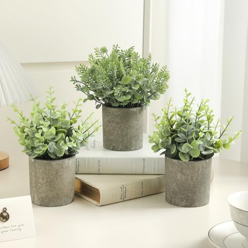3 Pack Mini Potted Fake Plants Artificial Plastic Indoor Eucalyptus Plants for Home, Office, Desk, Bathroom, Coffee Table & Shelf (Light Green) - color: Light Green