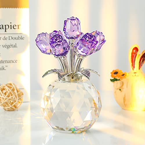 Purple Rose Flower Crystal Figurine with Vase, Bouquet Flowers Ornament Gifts for Wife Girlfriend Women , Handmade Crystal Flower Collectible Home Table Decor for Valentine's Day Wedding Anniversary - color: Purple-crystal Rose