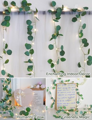 suddus Fake Vines with Lights Battery Operated, 20 LED 6.56FT Eucalyptus Garland Fairy Lights with Timer, Leaf String Lights for Bedroom,Room,Window,Wall,Party,Garden,Wedding Indoor Decor (Warm White) - color: Eucalyptus, size: 20 LED-Copper Wire Battery-