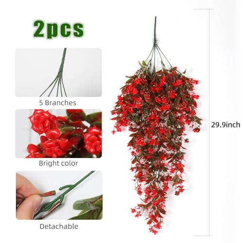RECUTMS 2Pcs Artificial Hanging Flowers for Outdoor Decoration Fake Hanging Plants Faux Red Flowers Artificial UV Resistant Plastic Greenery Vines Ivy for Outdoor Indoor Garden Party Decor（Red） - color: Red-rose