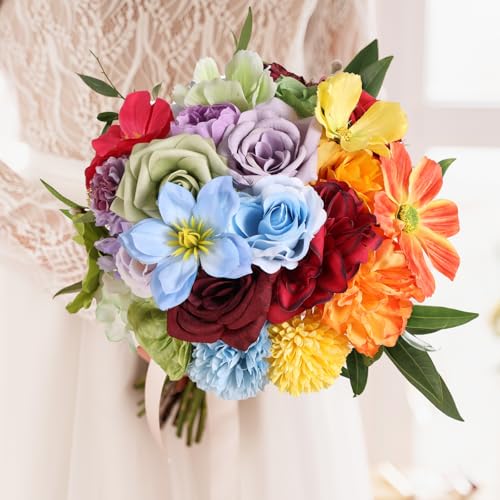Artificial Flowers Combo Box Set Rainbow Colorful Fake Floral Arrangements Artificial Flower Bouquets Party Bridal Baby Shower Centerpieces Home Decor - color: Colorful Rainbow
